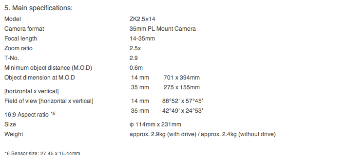 FUJINON ZK2.5 x 14 Specs